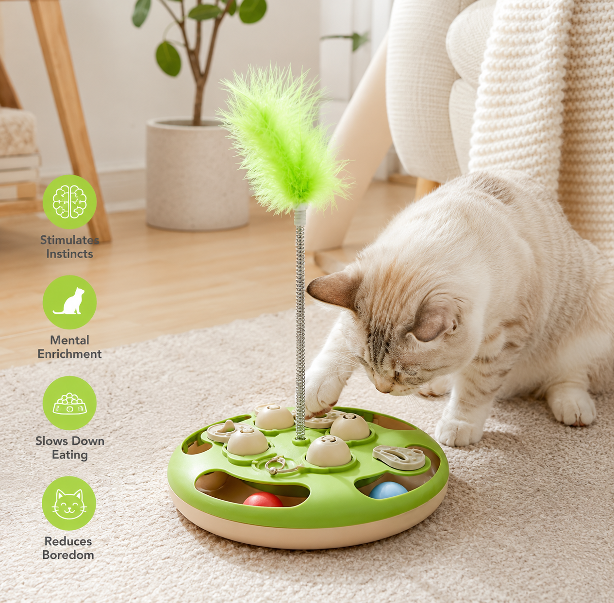 Interactive Cat Puzzle Feeder & Feather Toy