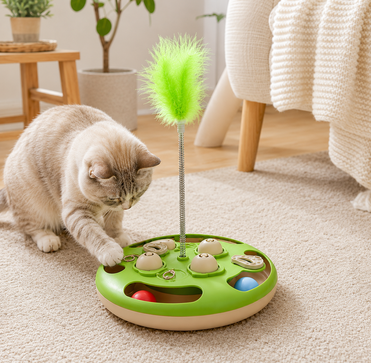 Interactive Cat Puzzle Feeder & Feather Toy